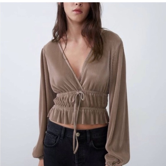 Zara Taupe V-Neck Blouse with Drawstring - Picture 1 of 4